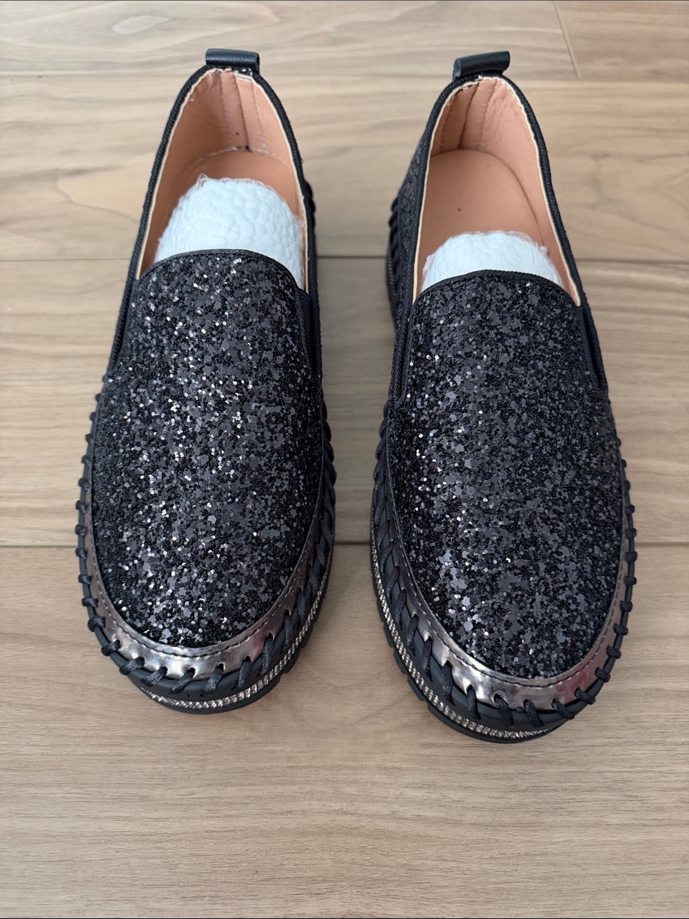 SHEIN Black Glitter Slip-On Loafers with Metallic Trim